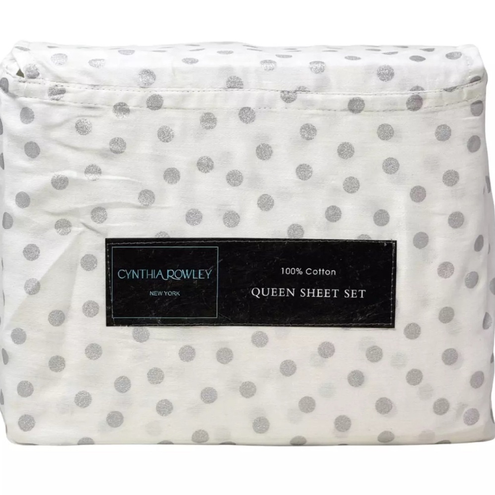 CYNTHIA ROWLEY 4 PC QUEEN Designer Silver Polka Dots White Cotton Sheet Set NEW